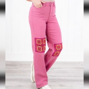 Judy Blue High Rise Pink Crochet Patches Wide Leg Jeans